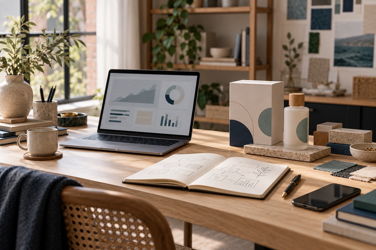A founder’s desk with an unbranded product, laptop and planning notebook
