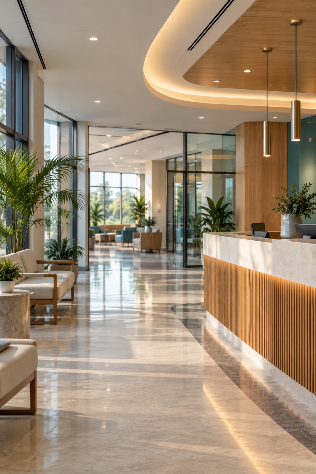 A bright, contemporary hospital reception and waiting area