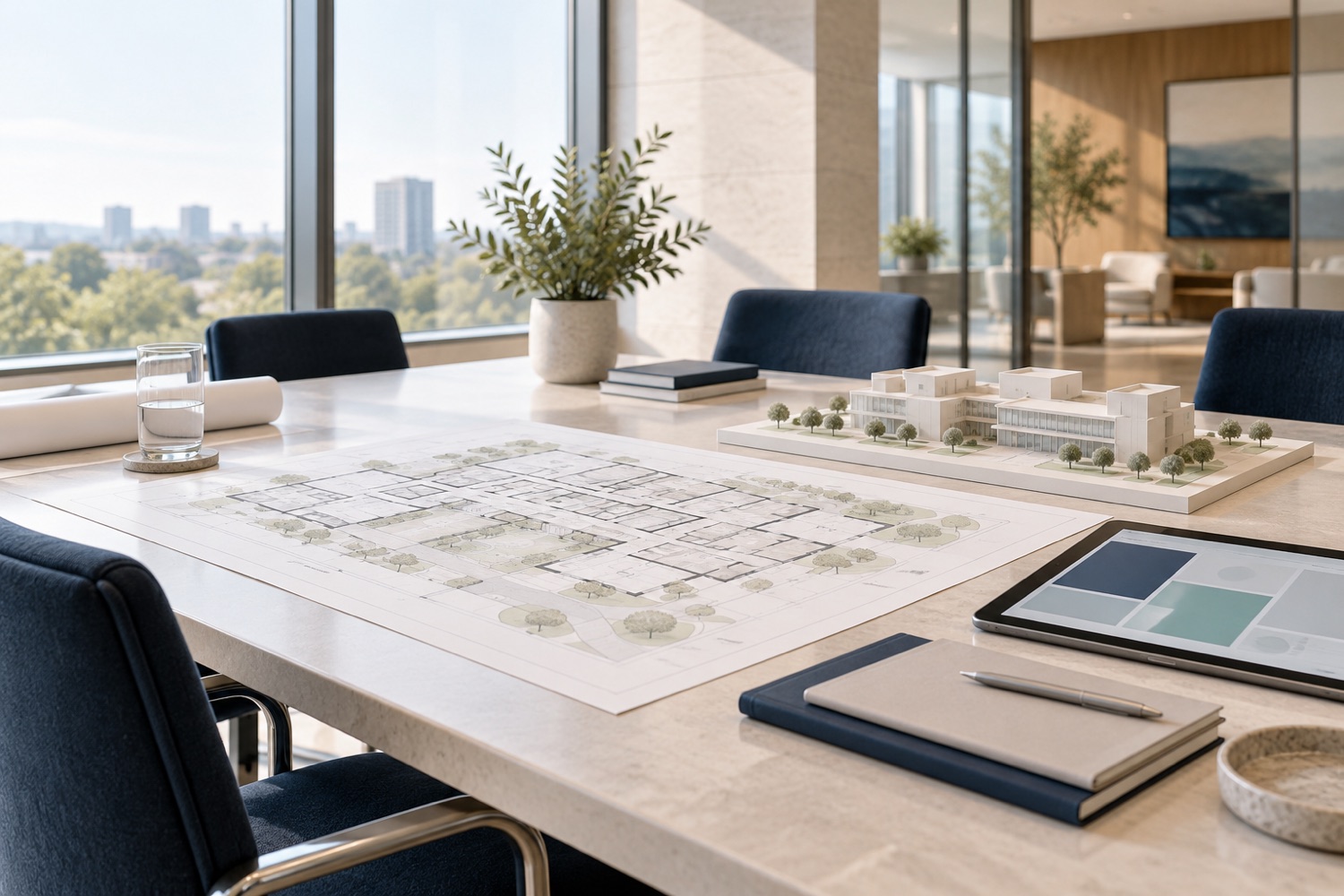 Hospital plans and a scale model laid out in a bright planning room
